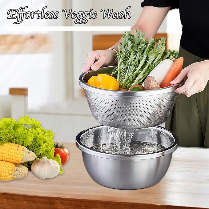 Stainless Steel Mixing Bowls, 4 Pack Rice Washer Strainer Bowl Large Mixing Bowl Salad Mixing Bow, Rice Cleaner Strainer Stainless Steel Colander For Washing Vegetables, Fruit, Rice, Straining Pasta