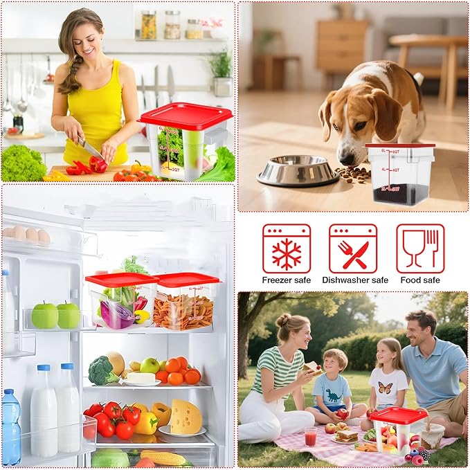 Airtight Square Food Storage Containers with Lids 4-Pack, Lock-Tight Seal for Flour, Sugar, Cereal, Keep Food Fresh, BPA-Free Stackable Kitchen Canisters with Measurements (Red, 6QT-4PACK)