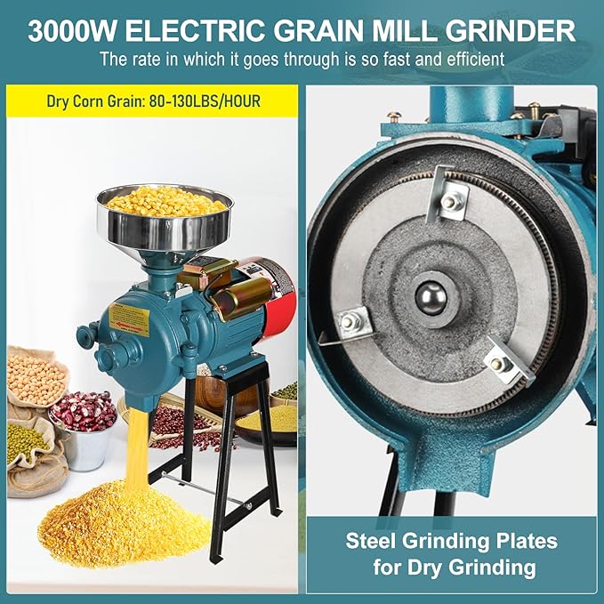 NAIZEA Grain Mills Electric Grinder Mill, 3000W Commercial Corn Mill Grinders, 110V Flour Wheat Rice Cereals Machine, Heavy Duty Dry Cereals Grinders With Funnel (Dry Grinder)