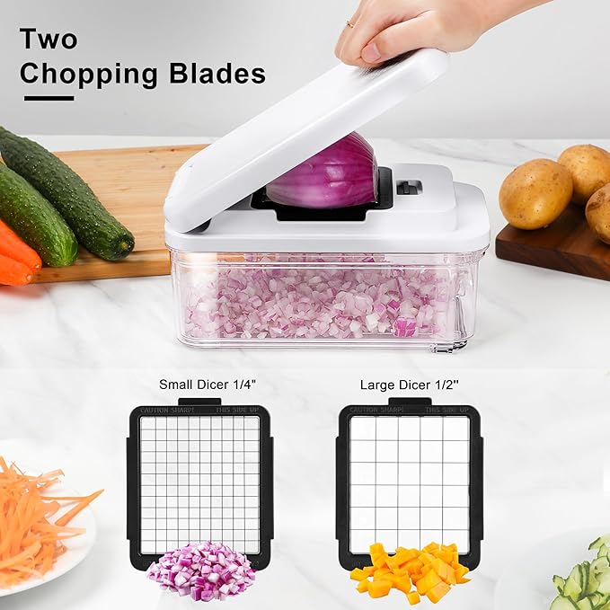 Vegetable Chopper, Professional Food Chopper & Mandoline Slicer with 7 Blades and 900mL Container, Kitchen Gadgets & Home Essentials (White)