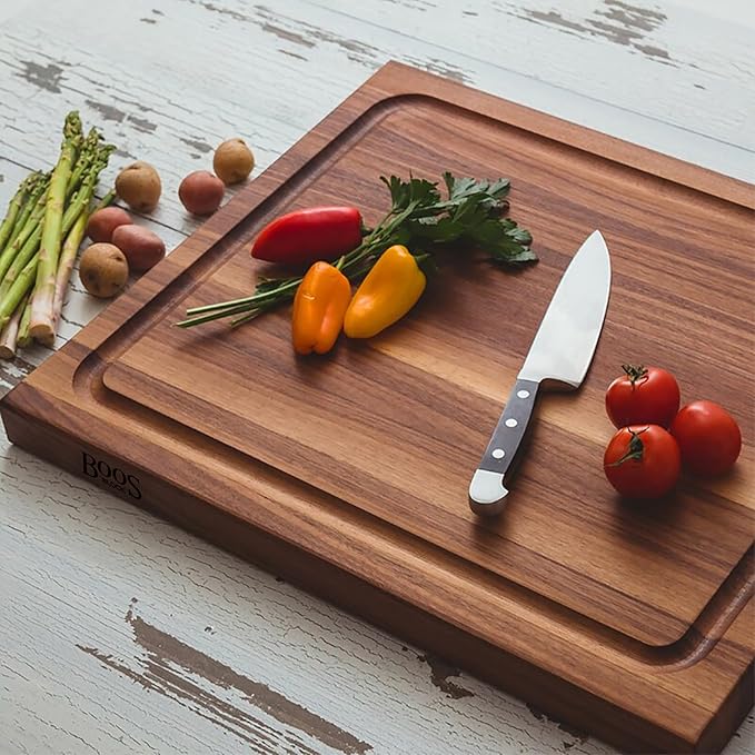John Boos BBQ Series Rectangular Wooden Walnut Cutting Board 17”x21” – 1.5” Thick, 15-lb Reversible Butcher Block with Juice Groove, Edge-Grain & Finger Grips – Made in the USA