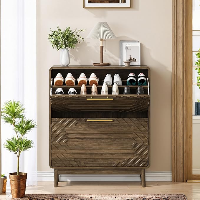 Vibe & Dine Modern Shoe Cabinet with 2 Flip Drawers, Shoe Storage Organizer for Entryway Slim, Freestanding Wood Shoe Rack Cabinet for Hallway, Bedroom, Living Room, Black Walnut