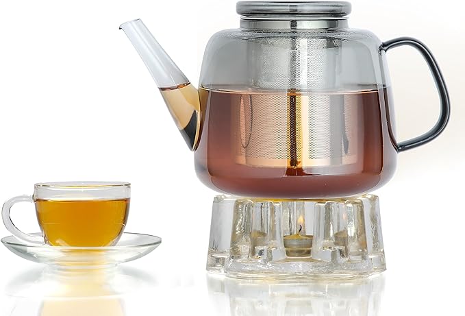 Easyworkz Borosilicate Glass Teapot 50oz with Large Stainless Steel Removable Loose Tea Infuser for Fruit Herbal and Infusion, Smoke Grey