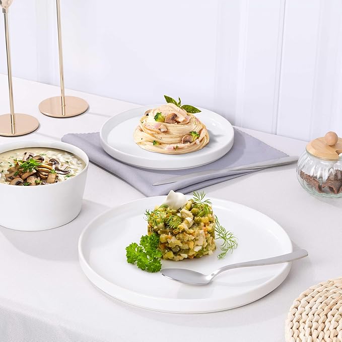 Herogo 12 Pieces Dinnerware Dishes Set for 4, Handmade Stoneware Dining Plates and Bowls Sets, Double Reactive Glaze, Microwave & Dishwasher Safe, Scratch Resistant, Speckled White