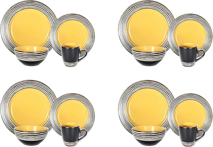 16 Piece Dinnerware Set, Ceramic Plates and Bowls Sets for 4, Microwave and Dishwasher Safe, Handcrafted Tree Bark Series Dish Set, Sunflower/Yellow