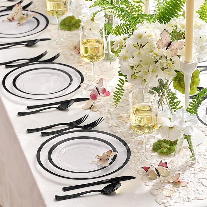 By Madee HEAVYWEIGHT 150 Pcs Clear and Black Party Plates and Utensils Set | Fancy Disposable Dinnerware Set with Gift of 3D Butterflies for Table Decor (150 Pcs 25 Guests)