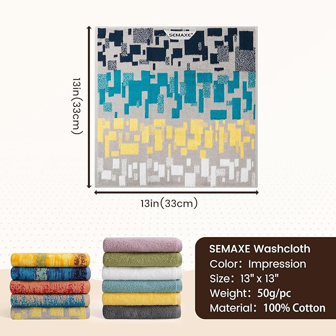 SEMAXE 100% Cotton Washcloths for Bathroom - 24 Pack, Quick-Dry Face Towels with Hanging Loop, Highly Absorbent and Soft, 13x13 Inch, Yellow | Blue | Grey | White