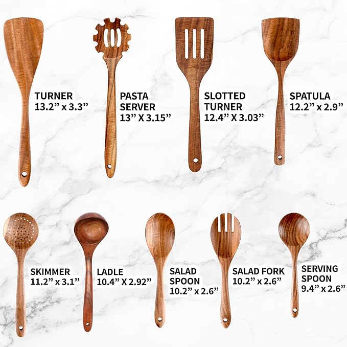 Zulay Kitchen 9-Piece Teak Wooden Utensils for Cooking - Smooth Finish Natural Teak Utensil Set - Non-Stick Wooden Spoons for Cooking - Kitchen Gift Set - Comfortable Grip Wooden Utensil Set