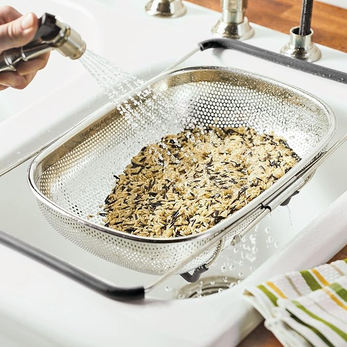 Rachael Ray Tools and Gadgets Over-The-Sink Colander/Strainer for Pasta, Fruits, Veggies, Expandable Silicone Grips, Dishwasher Safe, 4.5 Quart, Stainless Steel with Gray Handles