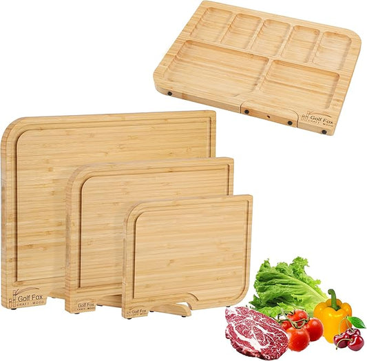 3-PCS Bamboo Cutting Board Set, Wood Cutting Board for Kitchen with Innovative Stand, Juice Groove & Handle, Double Sided for Chopping & Charcuterie Board, Kitchen Gift for Home Cooks, For Meat &Fruit