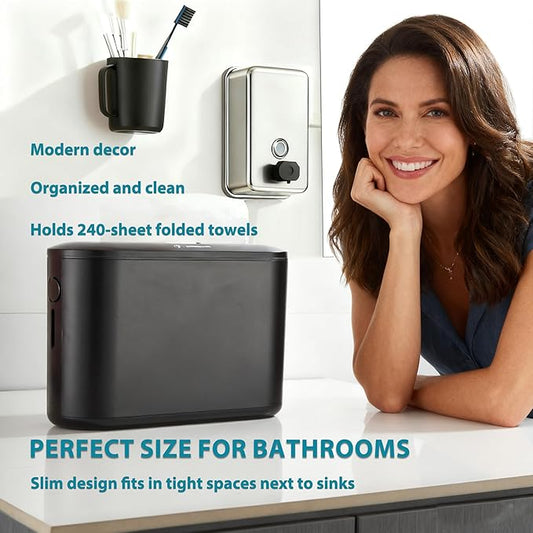 Multifold Paper Towel Dispenser Countertop - Compact Folded Paper Towel Holder for Kitchen/Bathroom, Black Space-Saving Design, Compatible with Marathon Folded Paper Towel