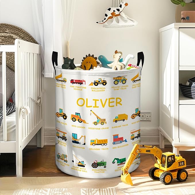 callie Personalized Truck Excavator Laundry Basket for Kids Boys, Waterproof Collapsible Laundry Hamper, Clothes Toys Storage Bin for Bedroom Nursery (13.8" x 16.5", 15.7" x 19.6")