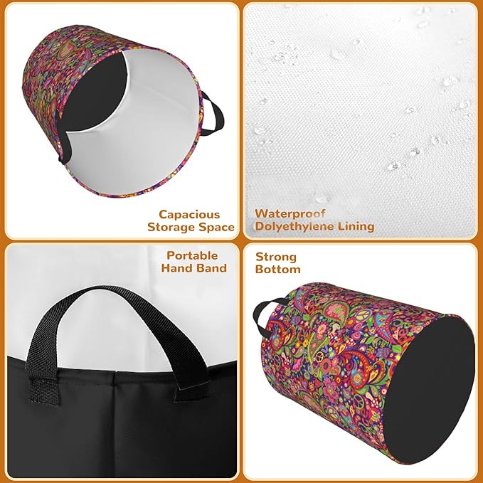 Boho Hippie Flowers Laundry Basket,Vivid Peace Foldable Laundry Hamper Waterproof Oxford Cloth Tote Bag,Clothes Storage Bucket Decorative Toy Organizer For Bathroom Bedroom 16" x 20"