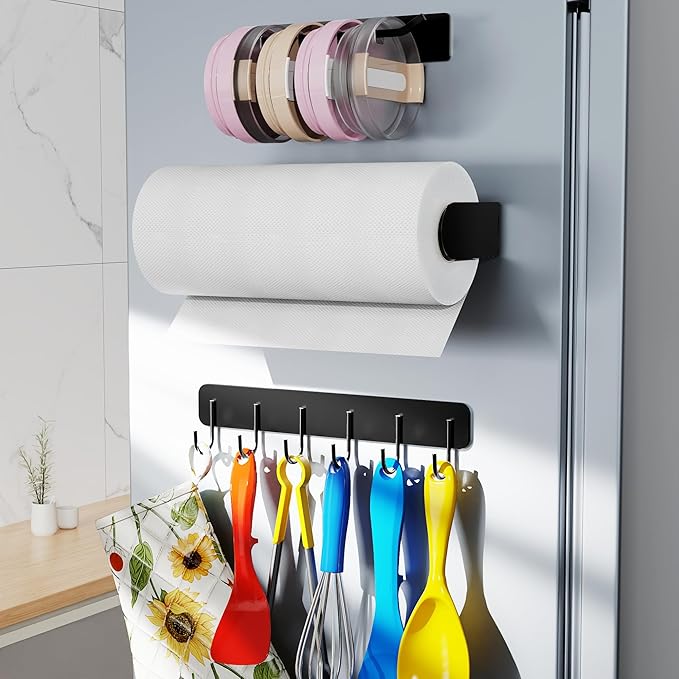 Kitchen Storage Set Without Drilling - Ultra-Strong Magnetic Kitchen Storage Hooks & Magnetic Paper Towel Holder & Magnet Tumbler Lid Organizer, Kitchen Utensil Hanger