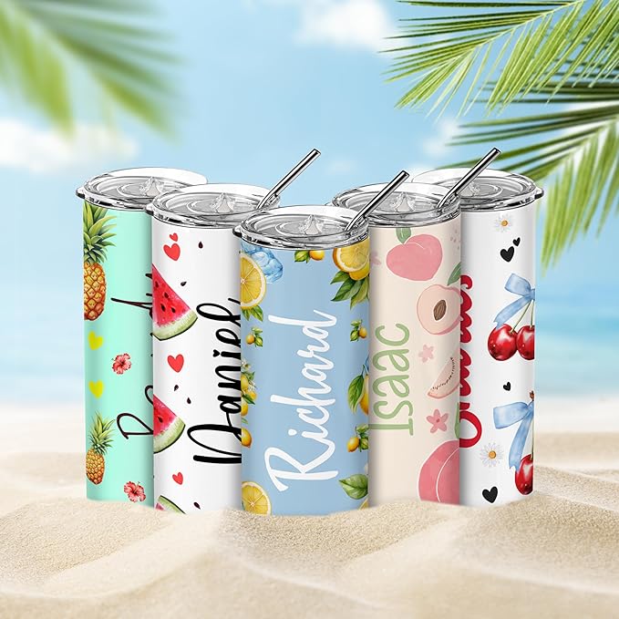 Personalized 20 Oz Skinny Tumbler - Custom Name Skinny Tumbler with Summer Design, BPA-Free Stainless Steel, 6 Designs - Customized Summer Gift
