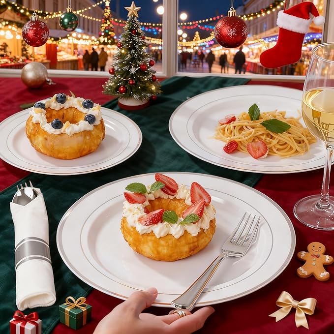 WDF 120PCS Plastic Christmas Plates White Silver Rim - Disposable Plates including 60PCS for Dinner 10.25inch, 60 Salad/Dessert Plates 7.5inch Heavy Duty Wedding