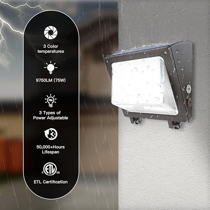 JTT LED Wall Pack Light with Dusk to Dawn Photocell,IP65 Waterproof WallPack Lights 75W/60W/45W,6000K/5000K/4000K Daylight,600W HPS/HID Replacement,Commercial Security Lighting for Warehouse,Garage