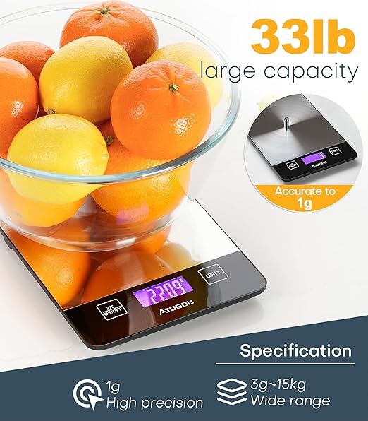 Atogou 1g/ 33lb Food Scale, Rechargeable Kitchen Scale with Full-View Backlit LCD Display, Stainless Steel Surface, Type-C Charging or AAA Batteries (not Included), for Baking, Cooking, Food Grey