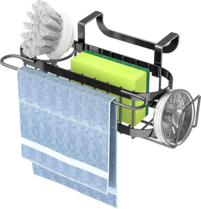 Cisily 3-in-1 Sponge Holder for Kitchen Sink Caddy (Hanging&Adhesive), Stainless Steel Movable Brush Holder + Dish Cloth Hanger, Hanging Sink Caddy Organizer, in Sink Organizer Accessories Rack