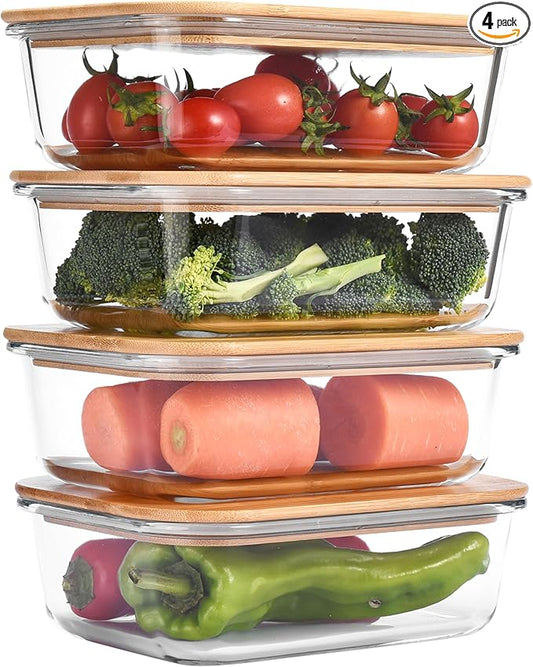 Vdomus Glass Food Storage Containers with Bamboo Lids 36.0oz/1.0L - Stackable Meal Prep Container - Airtight Glass Food Containers - Microwave, Dishwasher Safe - Reusable Lunchbox (Pack of 4)
