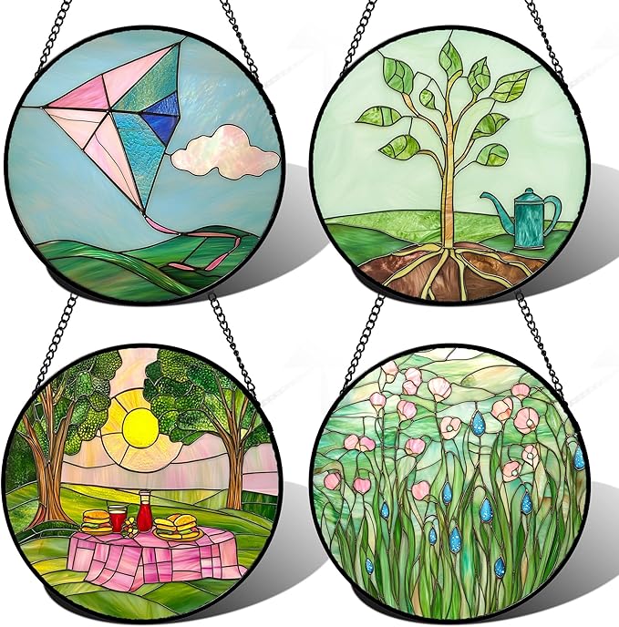 Stained Glass Window Hanging 4 Pcs Set Pink Green Spring Saplings Flowers 6.3" - Suncatcher Door Garden Sun Catcher Home Decor Mother's Day for Woman Nana Mom Men