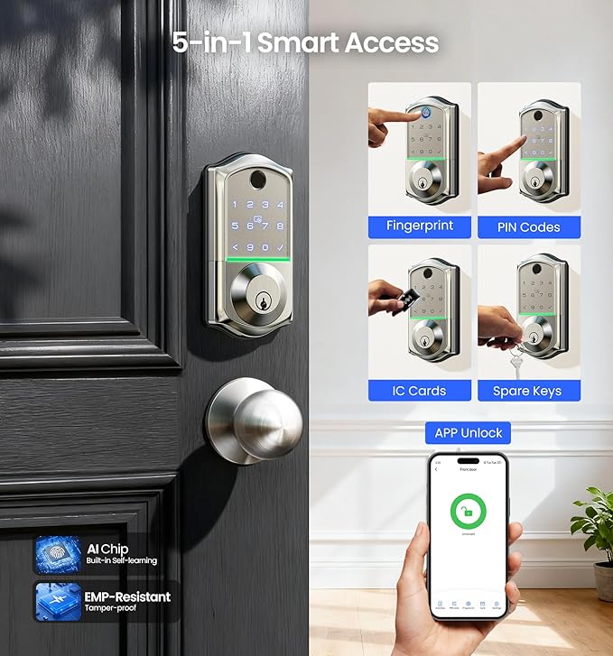 Veise VE017-K Fingerprint Smart Lock with 2 Knobs, App Control, Keyless Entry Front Door Lock with Handle Set, Electronic Digital Touchscreen Keypad Deadbolt, IP55 Waterproof, Auto-Lock, Satin Nickel