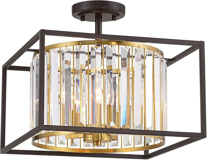 Possini Euro Design Milne 14" Modern Semi Flush-Mount Ceiling Light Fixture Kitchen Foyer Hallway Round 4-Light Brown Bronze and Brass Finish Crystal Bedroom Bathroom Entryway Living Room Small