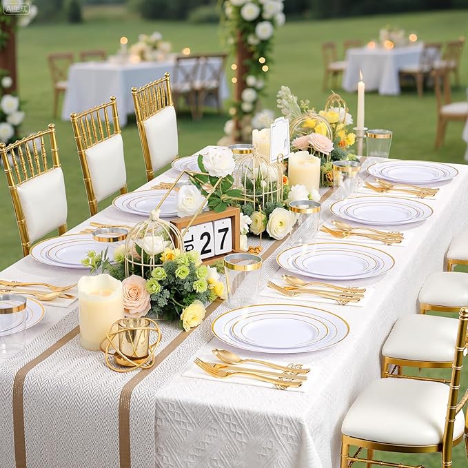 Supernal 800Pcs Gold Plastic Dinnerware Set, White Elegant Plastic Plates, Heavy Duty Disposable Plates Serve 100 Guests Including Dinner & Dessert Plate, Gold Silverware, Cups and Napkins for Wedding