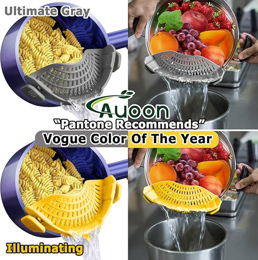 AUOON Clip on Strainer,2 PACK Silicone Food Strainer Pasta Drainer for Pasta,Spaghetti,Ground Beef Grease,Easy to Use Universal Size Fit for all Pots and Bowls(GrayYellow)