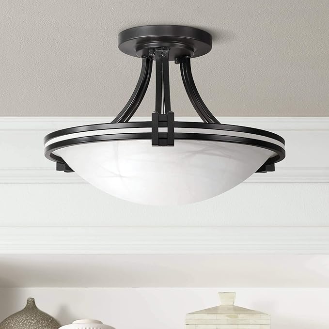 Possini Euro Design Deco Modern Close to Ceiling Light Semi Flush Mount Fixture 16" Wide Oil Rubbed Bronze Brown Marbleized Glass Bowl Shade Bedroom Hallway Living Room Dining Room Bathroom Kitchen