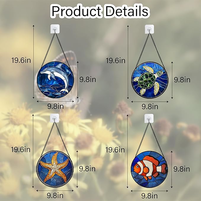 Stained Glass Window Hanging 4 Pcs Set Blue Ocean Turtle Dolphin 9.8" - Marine Life Suncatcher Garden Sun Catcher Decor Birthday Mother's Day for Mom Woman Nana Men