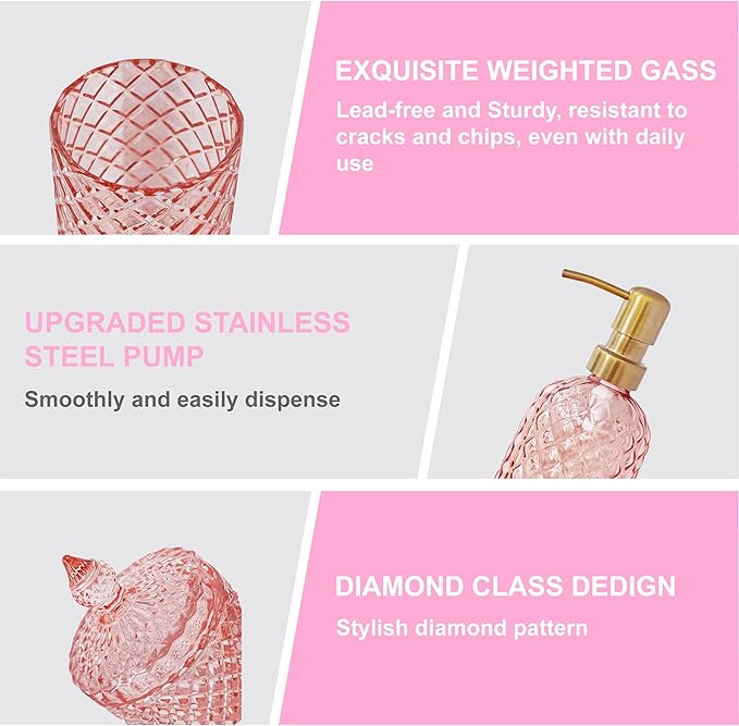 Pink Bathroom Accessories Set, 4Pcs Clear Glass Bathroom Sets Accessories, Lotion Soap Dispenser, Toothbrush Holder Set, Soap Dish, Qtip Holder for Vintage Christmas Bath Decor, Gift Set