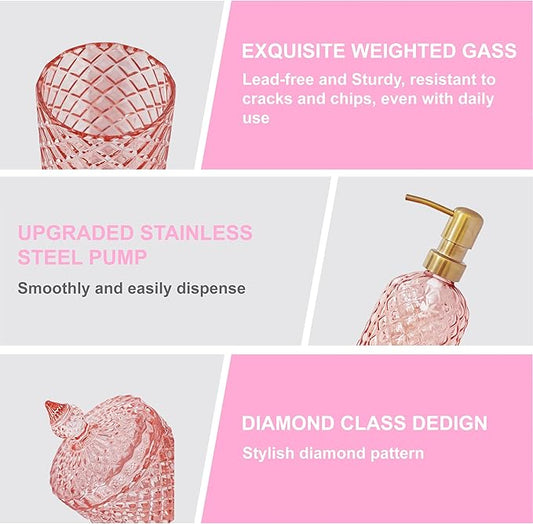 Pink Bathroom Accessories Set, 4Pcs Clear Glass Bathroom Sets Accessories, Lotion Soap Dispenser, Toothbrush Holder Set, Soap Dish, Qtip Holder for Vintage Christmas Bath Decor, Gift Set