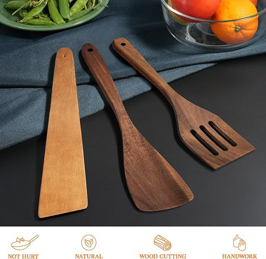 3Pcs Wooden Spatulas, Acacia Wood 12inch Long Handle Flat Frying Turner, Non-Stick Wooden Spoons for Cooking, Kitchen Utensils Set for Flipping, Scraping and Turning