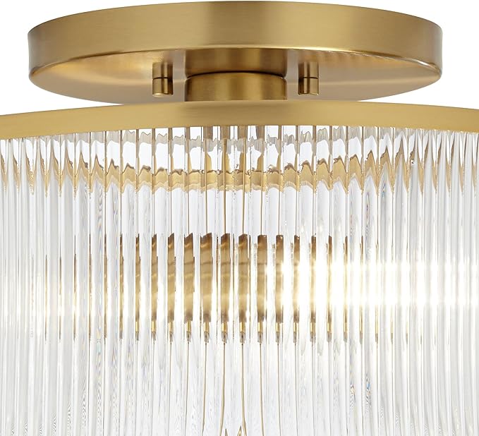 Possini Euro Design McKenzie 14" Mid Century Modern 2-Light Semi Flush-Mount Ceiling Light Fixture Kitchen Foyer Hallway Drum Round Warm Brass Finish Ribbed Glass Metal Bedroom Bathroom Entryway