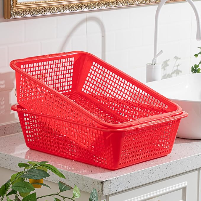 Maxdot 2 Pcs 18.7 x 14.4 x 5.5 Inches Large Plastic Colander for Kitchen Rectangle Perforated Strainer Basket Red Stackable Strainers for Wash Vegetables Fruits Drain Cooked Pasta Food
