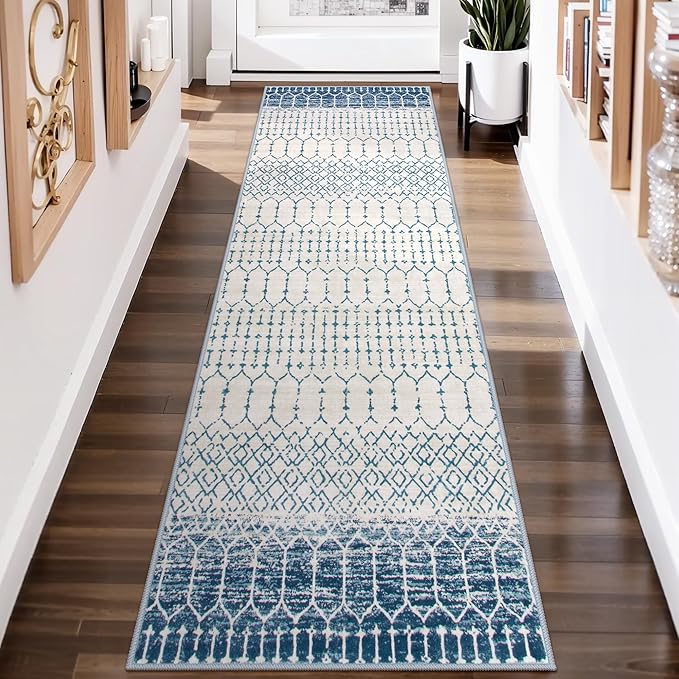 Lahome Runner Rug 2x8 Hallway Rug Runner- Washable Non-Slip Kitchen Carpet Untra- Thin Throw Blue Mat, Moroccan Geometric Print Indoor Floor Mat for Entryway Laundry Bedroom