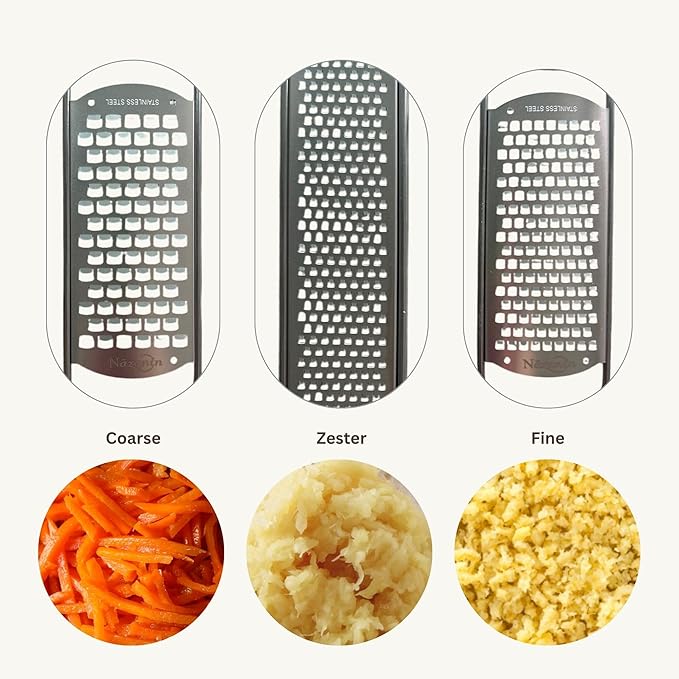 NAZANIN Grater Set of 3 – 304 Stainless Steel Cheese Grater, Zester & Vegetable Grater with Acacia Wood Handles – Handheld Kitchen Graters for Garlic, Ginger, Lemon, Nutmeg & more