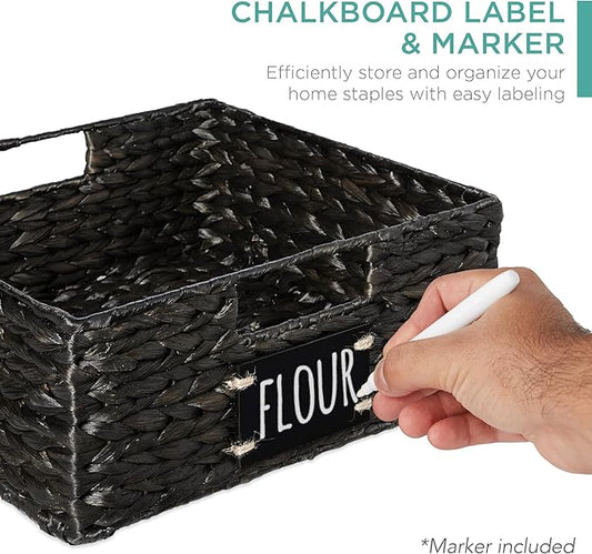 Best Choice Products Set of 4 13x12in Water Hyacinth Pantry Baskets, Woven Organizers w/Chalkboard Label, Chalk Marker - Black