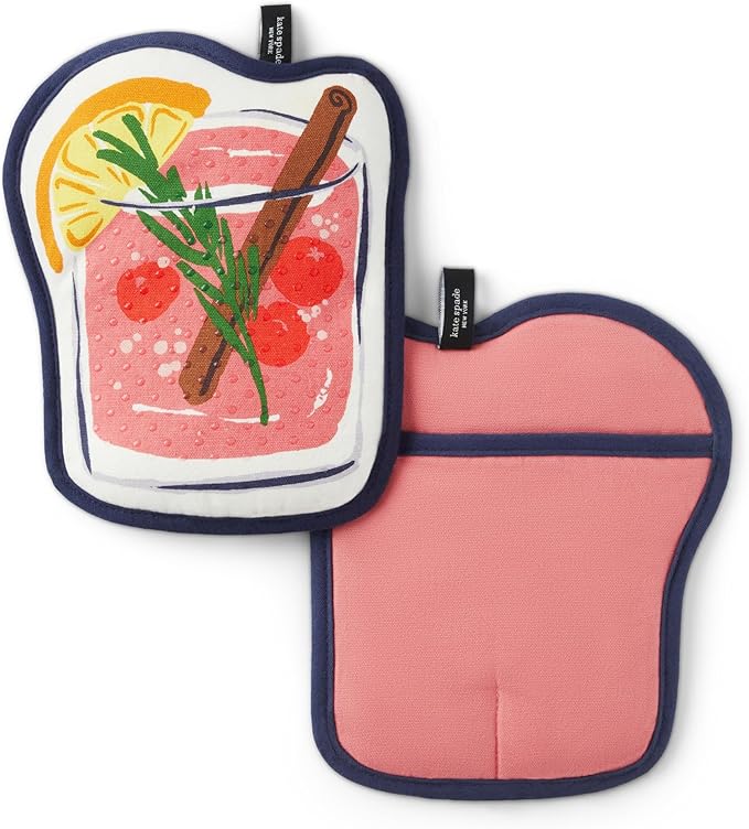 Kate Spade New York Festive Cocktail Heat Resistant, 100% Cotton with Hanging Loop, Slip Resistant Pot Holder 2-Pack Set, Pink/Navy Blue, 8"x6.5"
