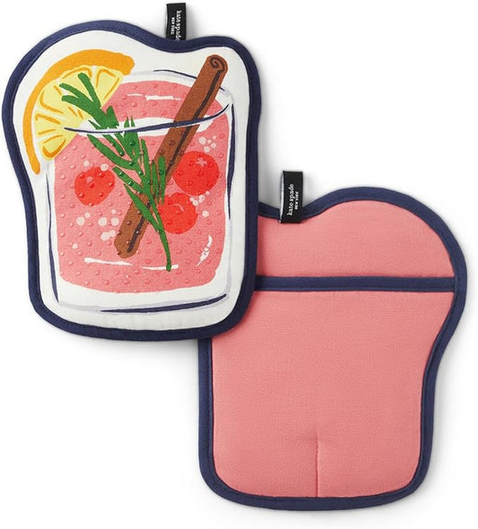 Kate Spade New York Festive Cocktail Heat Resistant, 100% Cotton with Hanging Loop, Slip Resistant Pot Holder 2-Pack Set, Pink/Navy Blue, 8"x6.5"