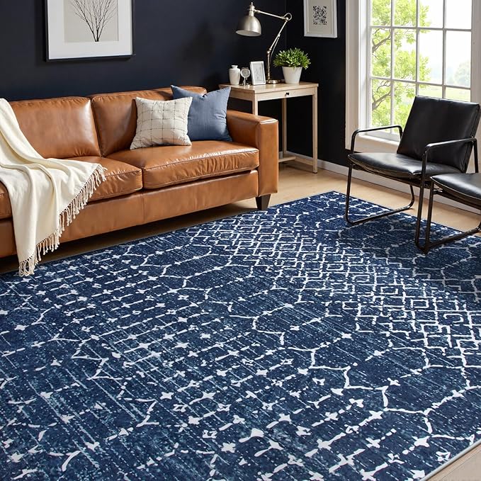 Lahome Moroccan Washable Area Rugs 6x9 - Non-Slip Ultra-Thin Soft Living Room Carpet, Modern Geometric Print Stain Resistant Rug Carpet for Bedroom Dining Room Office, Blue