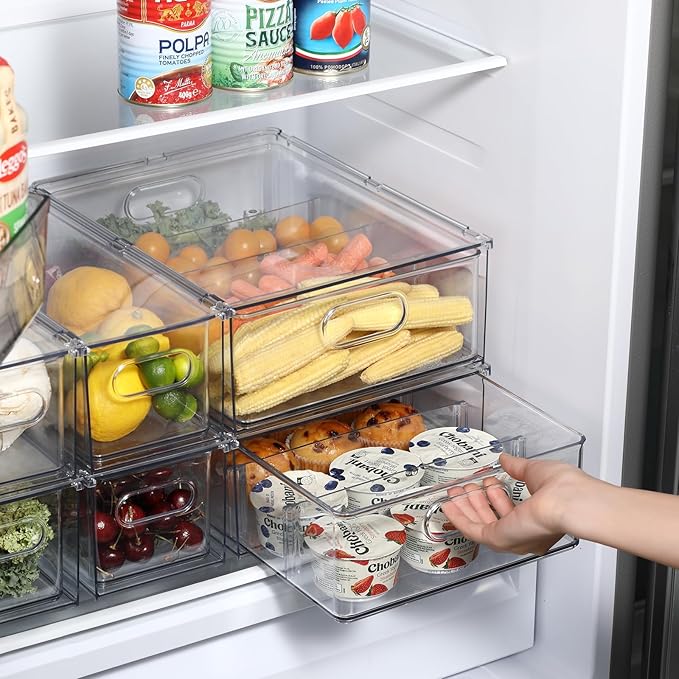 Fridge Drawer Pull Out Stackable Bins, Clear Refrigerator Stackable Organizers, Fridge Organizer Storage for Kitchen, Pantry, Vegetables, Fruits (2 Tall)