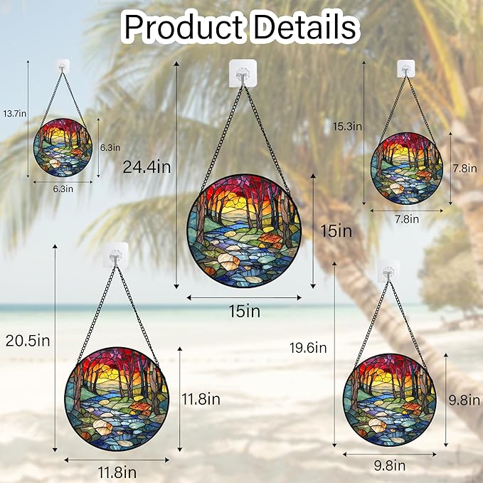 Stained Glass Window Hanging, Red Tree Abstract Sunset Lake Sun Catcher for Window Home Decor Landscape Suncatcher Mother's Day Birthday Gifts for Women Men Mom and Nana 7.8 in