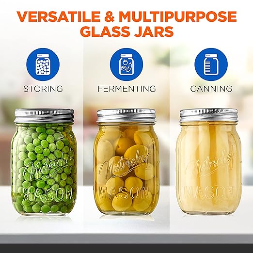 NutriChef 8-Pack 16 oz Mason Jars with Lids - Thick Glass Canning Jars with Stainless Steel Lids - Ideal for DIY Spices, Meal Prep, Overnight Oats, Jelly, Jam, Honey, Candles, Crafts, & More