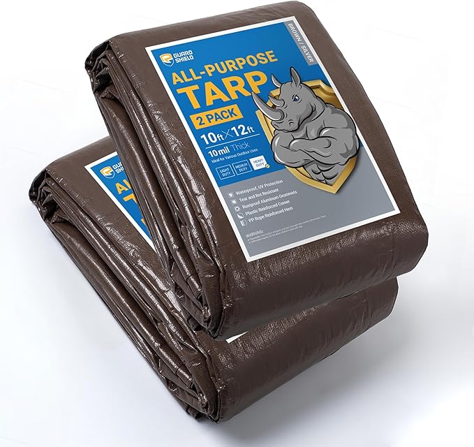 GUARD SHIELD Tarps Heavy Duty Waterproof 10x12 Feet Brown/Silver Poly Tarp Cover Outdoor Thick UV Resistant Tarpaulin with Grommets 10mil (2-Pack)