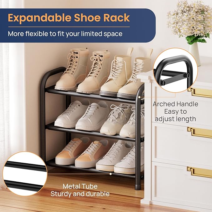 ENJOYBASICS Expandable Shoe Rack, 3 Tier Adjustable Shoe Organizer Shelf for Closet, Black Metal Free Standing Shoe Rack Storage for Small Space, Entryway