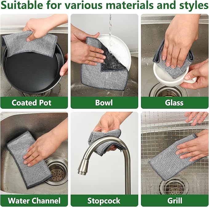 6 Pack Multipurpose Wire Dishcloths, Non-Scratch Dishwashing Rags, Double-Layer Microfiber Metal Dish Rags for Washing Dishes, Wet or Dry Reuseable for Cookware/Pan Housework Clean-7.87''x7.87''