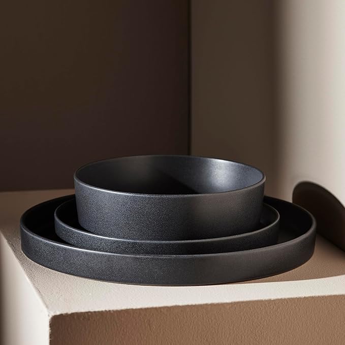 Stone by Mercer Project MODAN 24-Piece Stoneware Dinnerware Set, Plates and Bowls Sets, Dish Set for 8, Charcoal