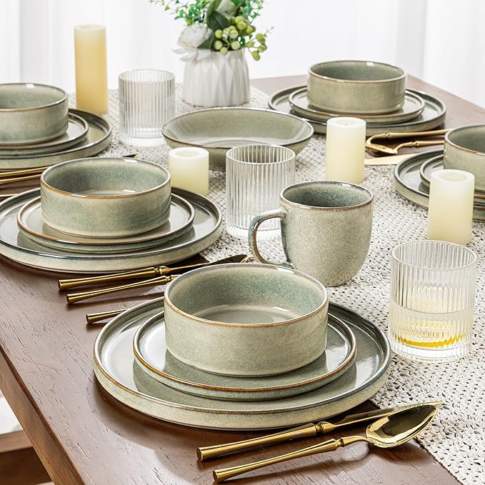 AmorArc Ceramic Dinnerware Sets, Handmade Reactive Glaze Stoneware Plates and Bowls Sets,Highly Chip and Crack Resistant | Dishwasher & Microwave Safe Dishes Set, Service for 8 (24pc)